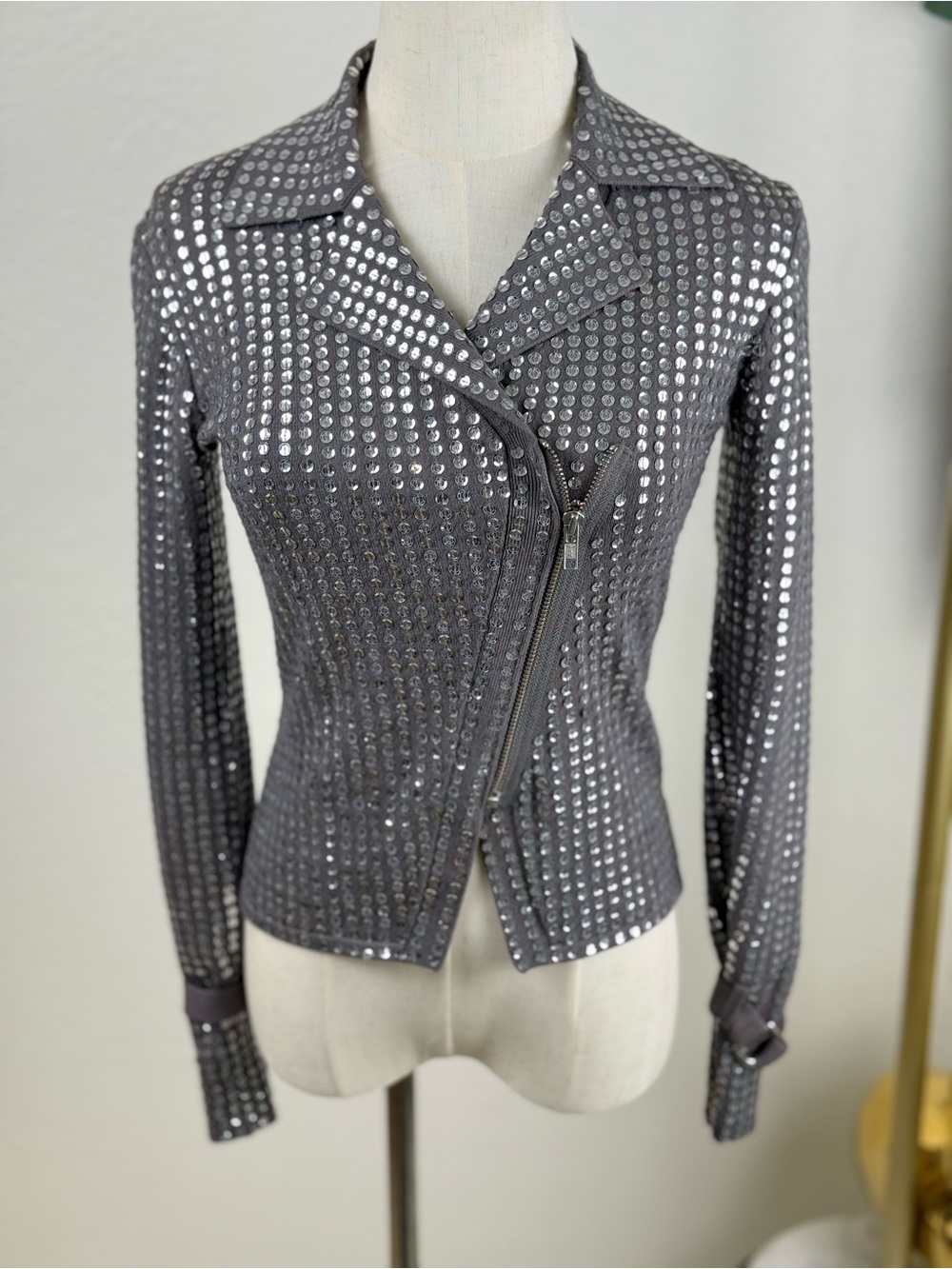 Pristine Vintage Armani‎ Exchange Sequin Moto Sweater Jacket/Y2K Silver Grail/S
